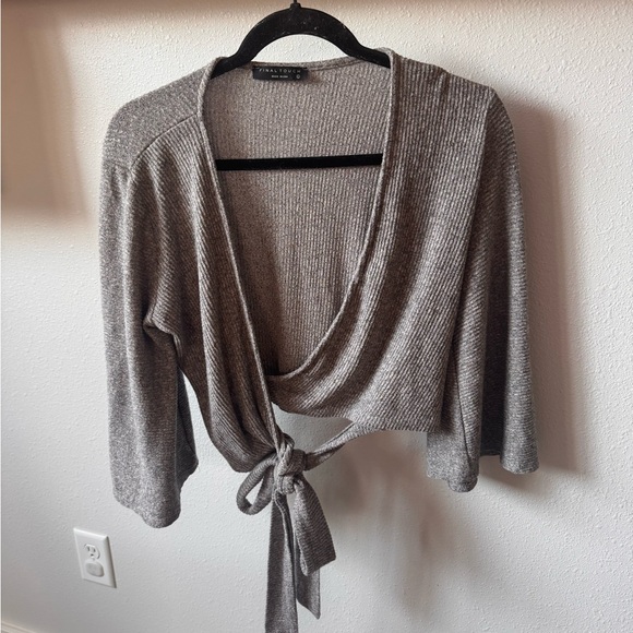 final studio Tops - Taupe Ribbed Wrap Cardigan with Front Tie